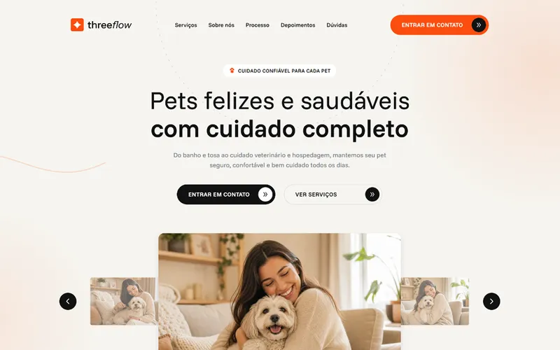 Capa do modelo ThreeFlow, site para negócio de cuidado com pets